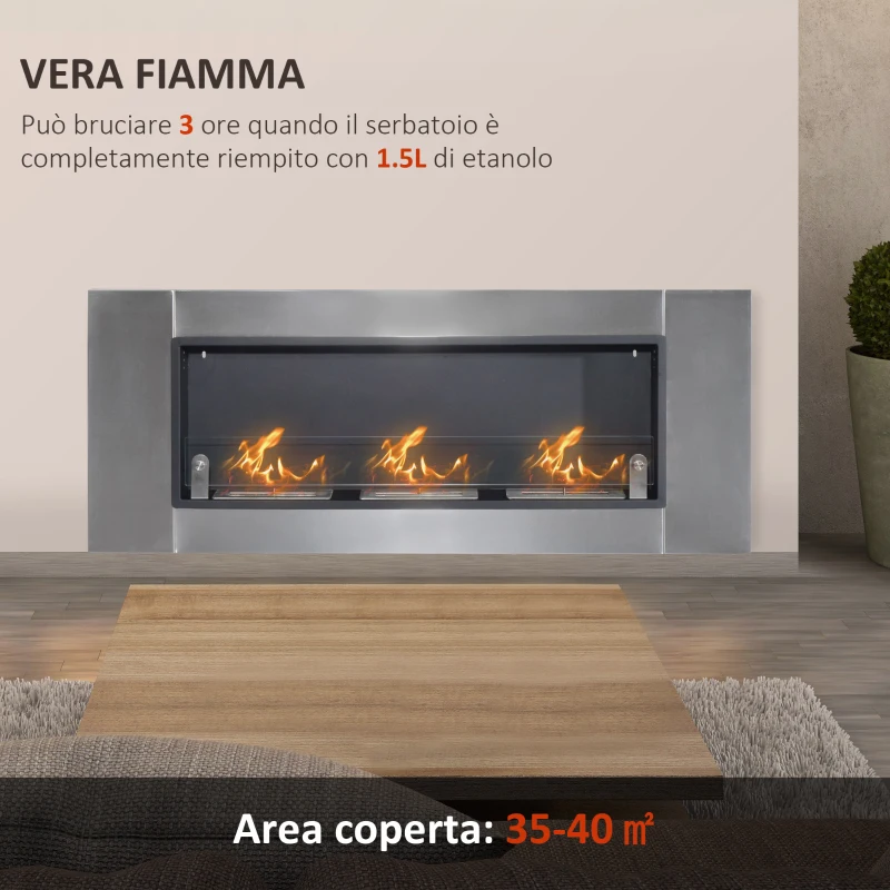 HOMCOM Caminetto a Bioetanolo da Parete in Acciaio Inossidabile Inodore con 3 Serbatoi 1.5LT, 136 x 14 x 54cm, Argento e Nero