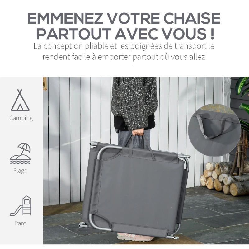 Outsunny Bain de Soleil transat Pliable Dossier réglable Multipositions métal et Polyester Gris