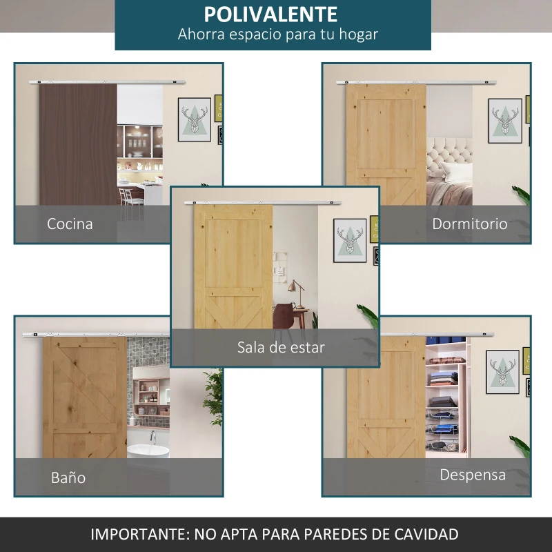 HOMCOM Herraje para Puerta Corredera 186 cm Kit de Accesorios para Puerta Corrediza de Madera con Riel de Metal