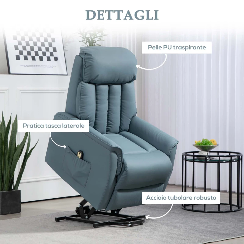 HOMCOM Poltrona Relax Reclinabile Alzapersone Elettrica con Telecomando e Poggiapiedi, 80x94x104cm Azzurro