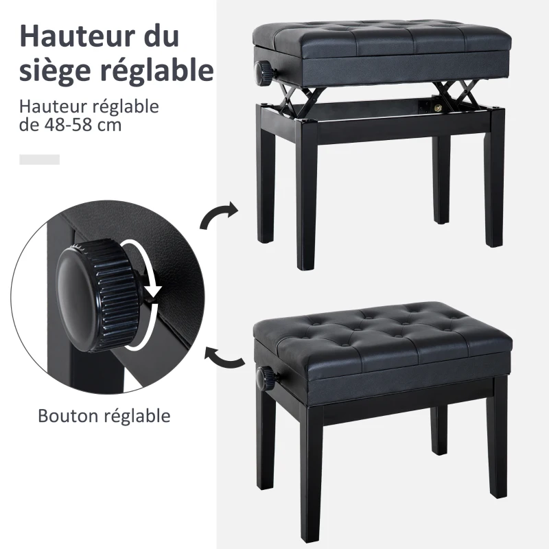 HOMCOM Banc de piano, banc de clavier réglable en hauteur en bois massif, tabouret piano avec compartiment caché, siège rembourré polyuréthane à 10 boutons, stable et antidérapant, charge 200kg, noir