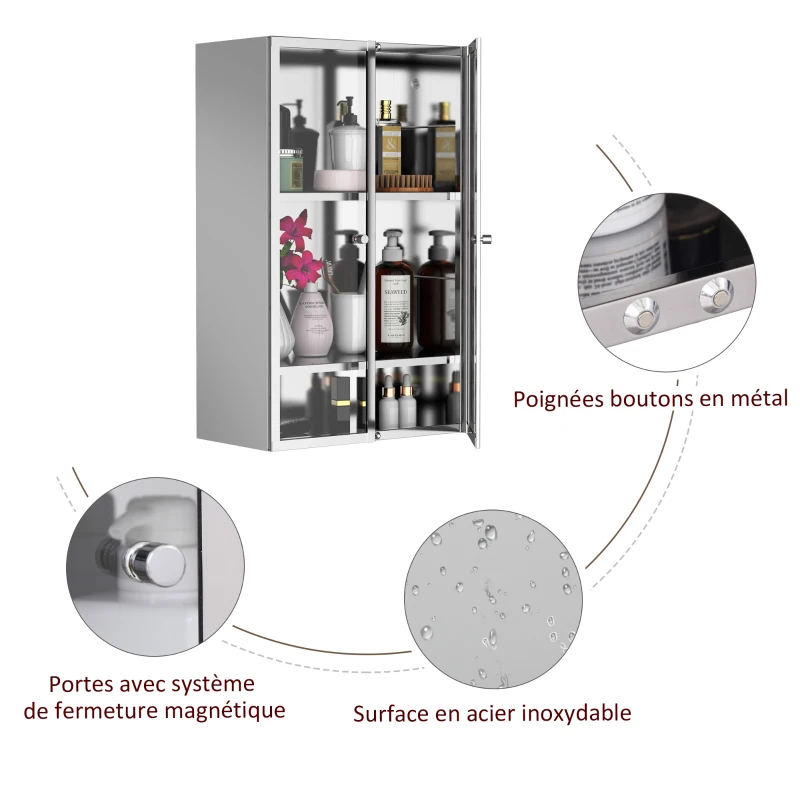 HOMCOM Armoire miroir rangement salle de bain meuble mural  acier inox. Argent dim. 38L x 20l x H60 cm