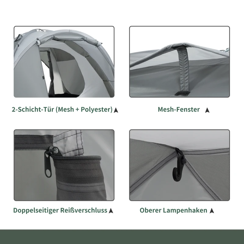 Outsunny Campingzelt für 2-3 Personen Glasfaser Tür mit Reißverschluss Meshfenster inkl. Transporttasche Kuppelzelt 190T Kunstleder2000mm Glasfaser Grau