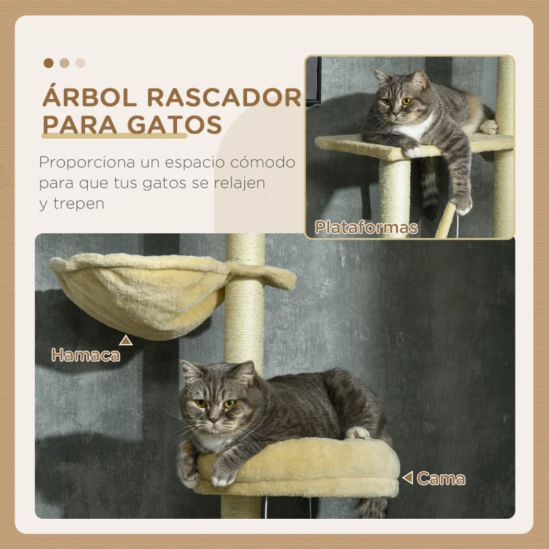 PawHut Árbol para Gatos de Suelo a Techo de 230-250 cm con Altura Ajustable Múltiples Plataformas Cestos Hamaca Bolas Beige