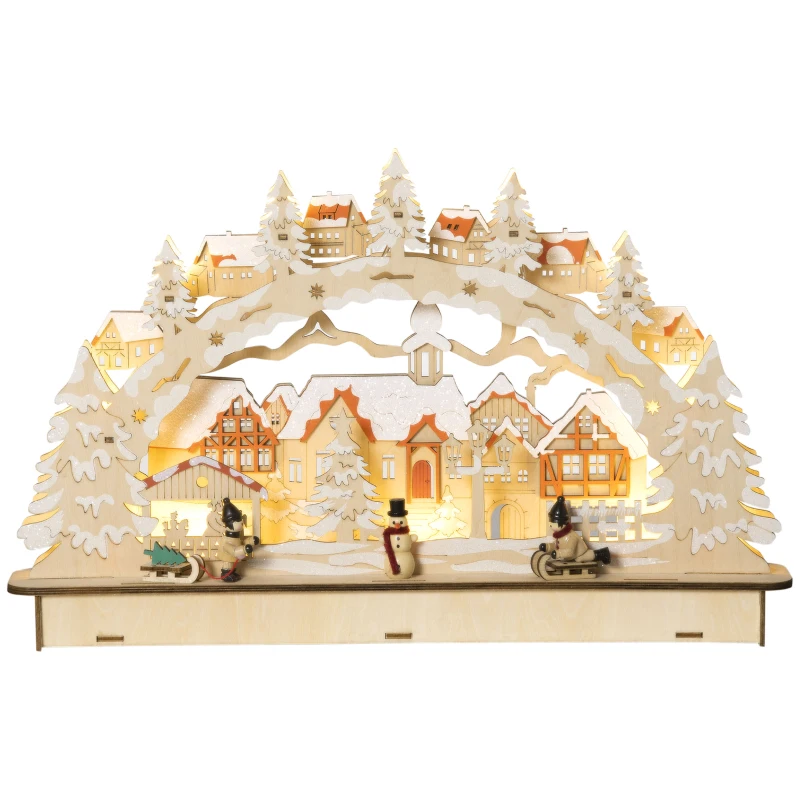 HOMCOM Escena Navideña con 12 Luces Pueblo Navideño Iluminado Decoración de Navidad de Sobremesa 45x7x28 cm Natural