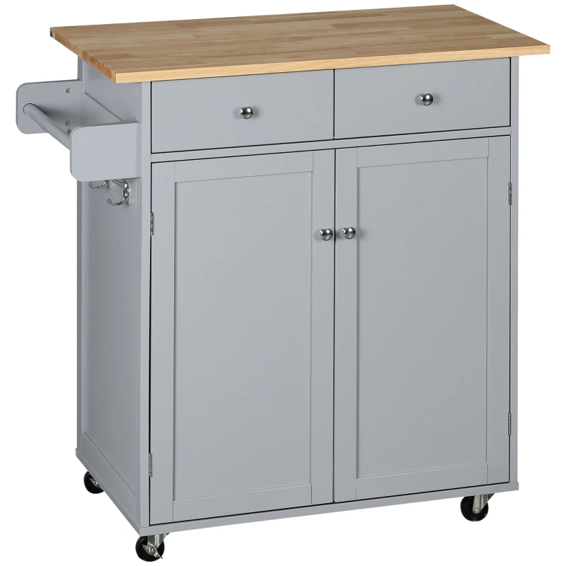 HOMCOM Rolling Kitchen Island on Wheels, Utility Serving Cart with Rubber Wood Top, Towel Rack, Hooks and Storage Drawers, Grey