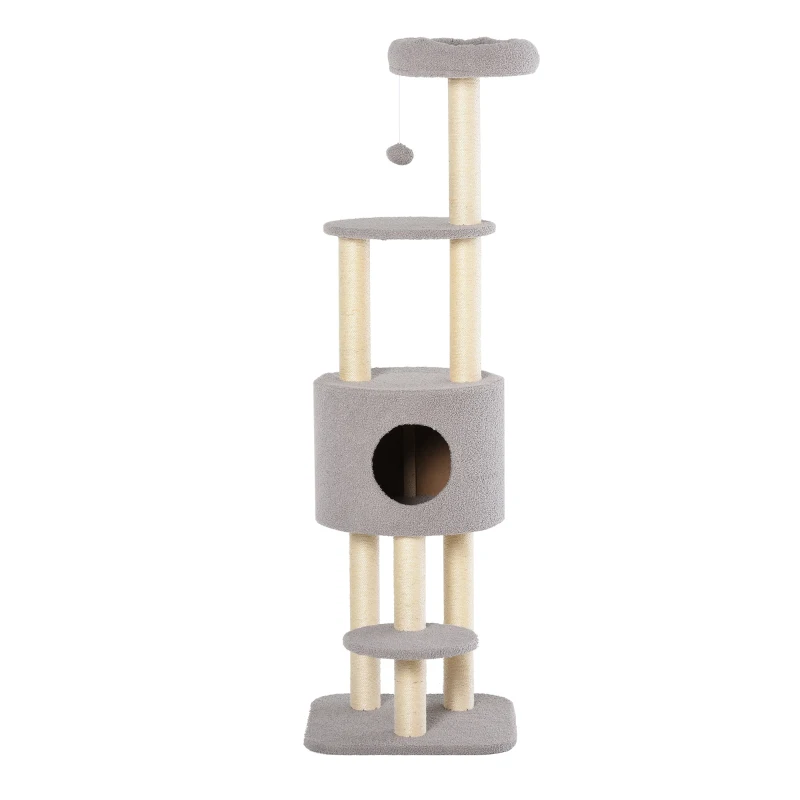 PawHut Árbol Rascador para Gatos Altura 148 cm Árbol para Gatos con Postes de Sisal Plataformas Casa y Bola Colgante Gris