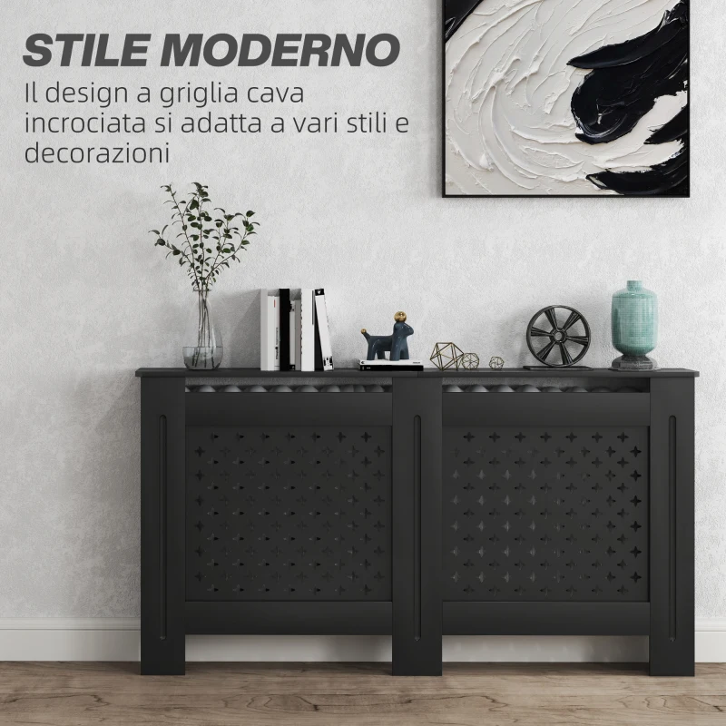HOMCOM Copritermosifoni in Legno MDF Traforato a Croce con Ripiano e Fissaggio a Muro, 152x19x82 cm, Nero