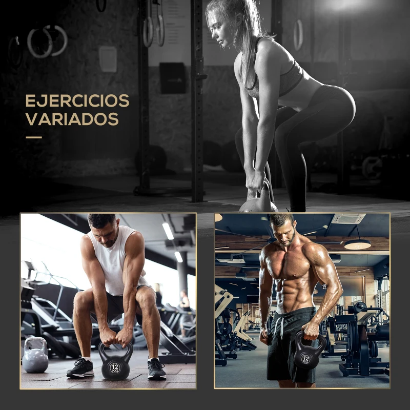 HOMCOM Pesa Rusa de 12 kg Kettlebell Relleno de Arena con Mango Ancho Antideslizante para Entrenamiento 27x21x31 cm Negro