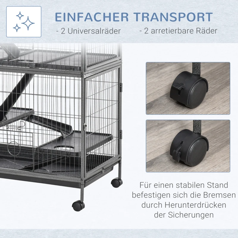 PawHut Kleintierkäfig mit Hängematten Nagervoliere mit Rollen 4 stöckig Käfig XXL geeignet für Hamster Kleintiere Meerschweinchen Metall Kunststoff Silber+Grau 80 x 52 x128 cm