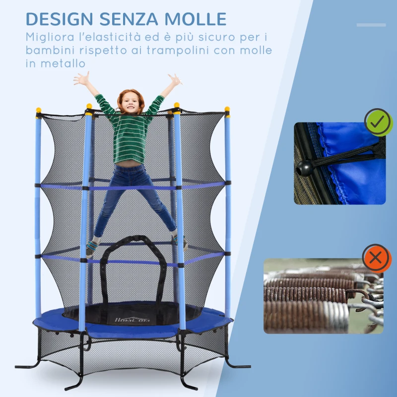HOMCOM Trampolino Elastico per Bambini Ø1.6x1.9 m con Rete di Sicurezza e Pali Imbottiti, Età 3-10 Anni, Blu