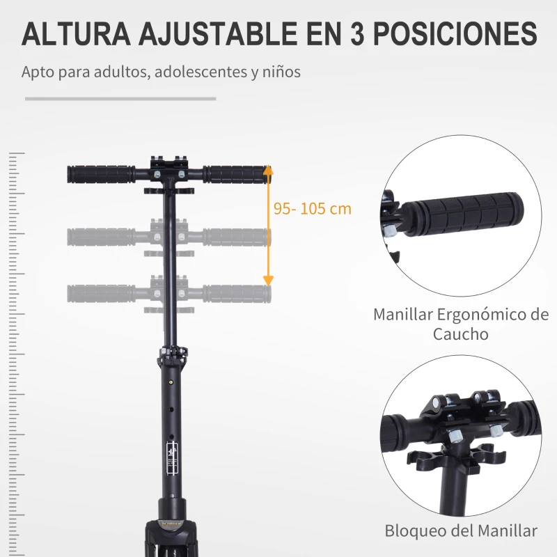 HOMCOM Patinete Plegable para Adultos y Niños +14 años Scooter Ligero con Manillar Altura Ajustable Tipo Monopatín con Freno Grandes Ruedas Ø200 mm Amortiguador Aluminio Carga 100 kg Negro