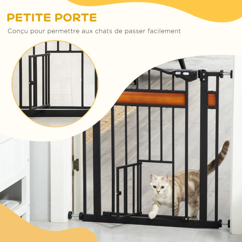 PawHut Barrière de sécurité pour animaux système de double verrouillage sans perçage 74 à 80 cm acier bois de pin noir