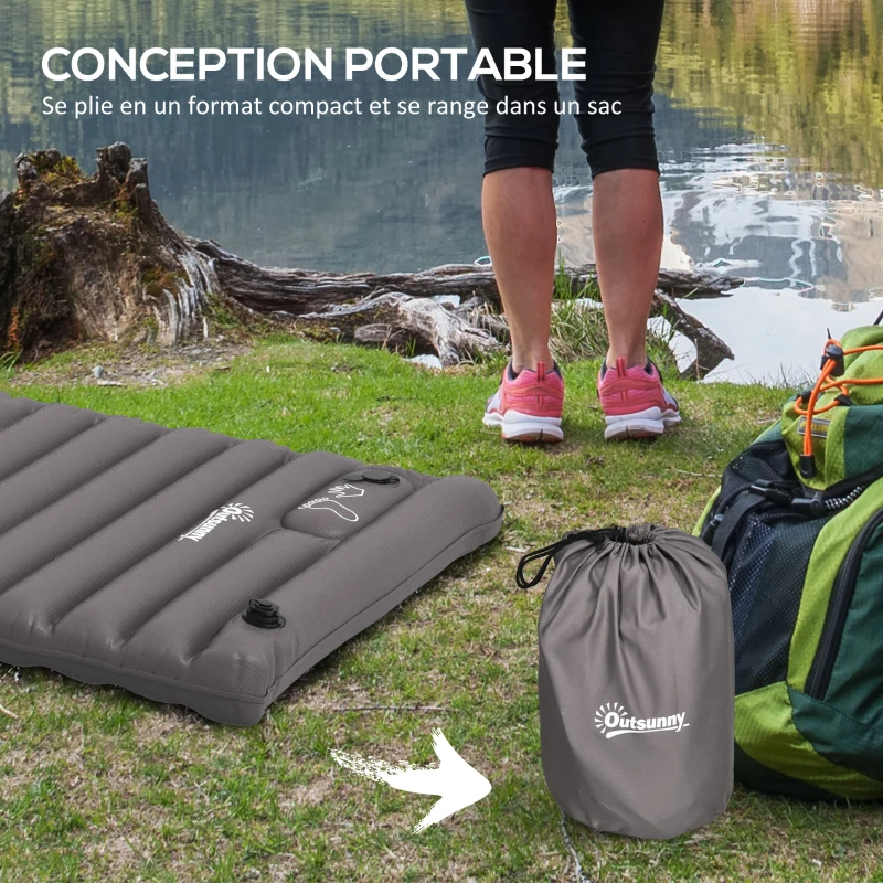 Outsunny Matelas gonflable pour camping 1 personne pliable avec sac de transport 195 x 70 x 10 cm gris
