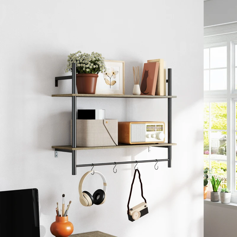 HOMCOM Wall Mounted Floating Shelves with 4 Hooks, Rustic Wall Shelf Unit for Living Room, Entryway, Grey