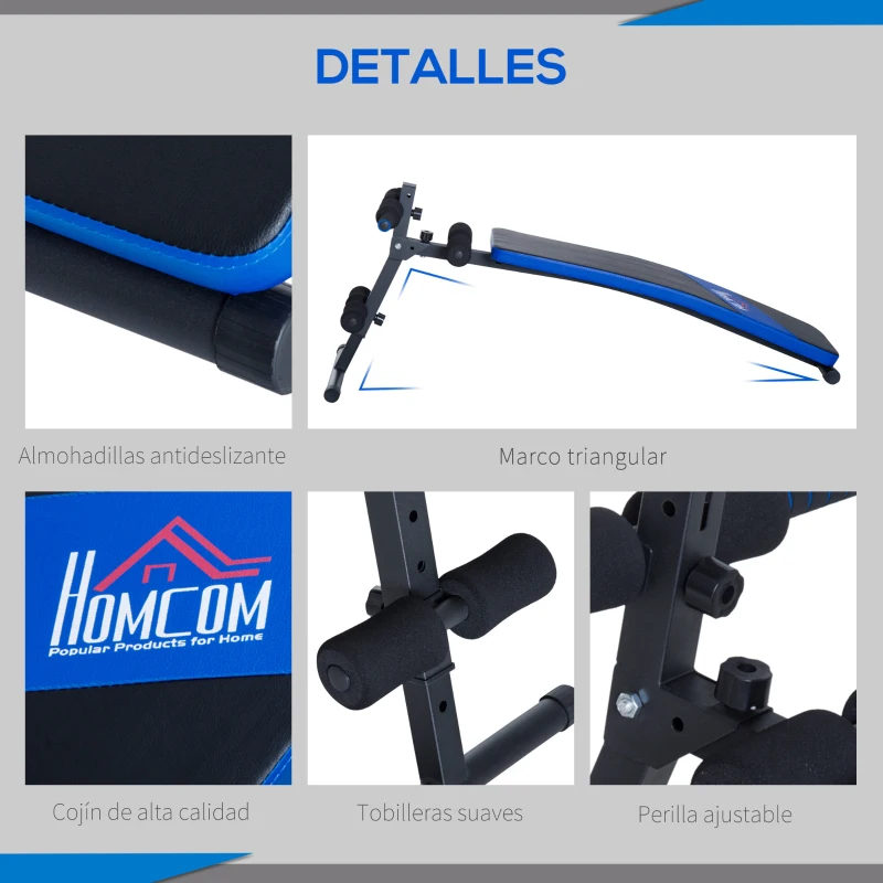HOMCOM Banco de Abdominales Multifuncional Banco de Sentadillas con Soporte para Piernas Ajustable en Altura para Entrenamiento en Hogar Oficina 144x47x51-63 cm Negro y Azul