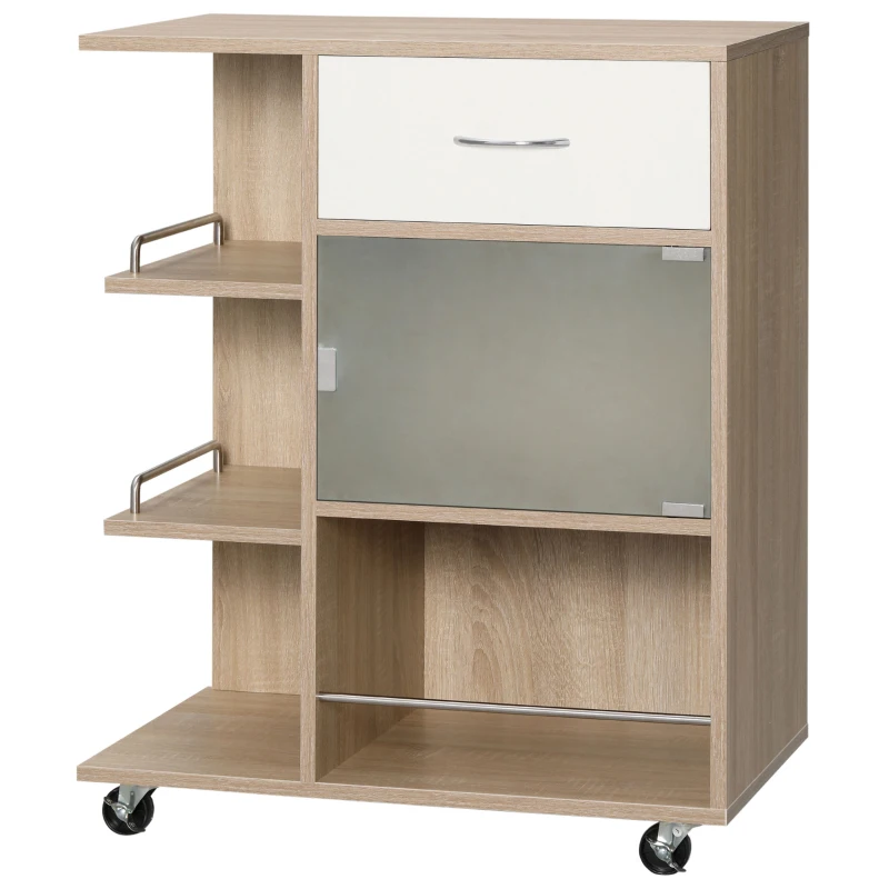 HOMCOM Carrello da Cucina Portavivande con Cassetto, Ripiani e Armadietto in Legno, Acciaio e Vetro, 65x39x80cm