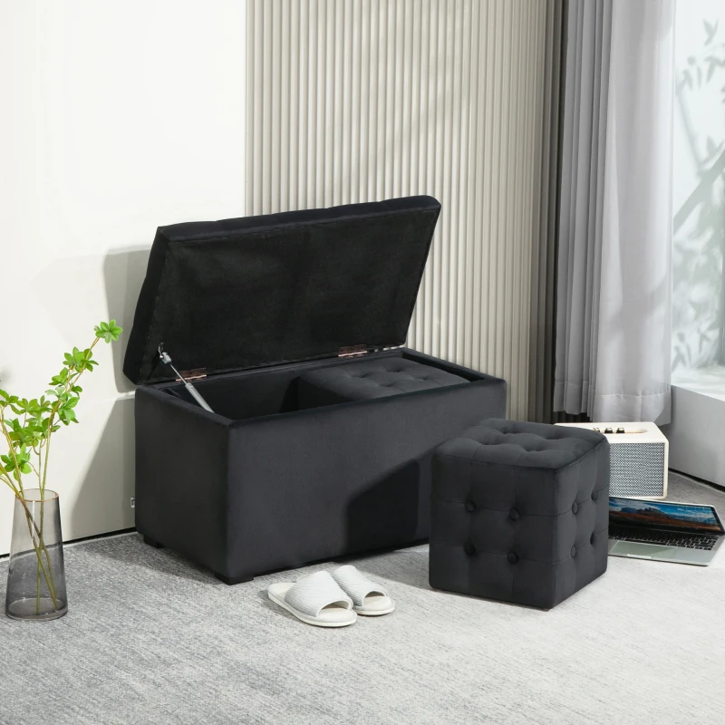 HOMCOM 3-teiliges Möbel-Set mit Stauraum, 2 x Sitzhocker, Polster-Sitztruhe, belastbar bis 130 kg, 75 x 40 x 42 cm, Dunkelgrau