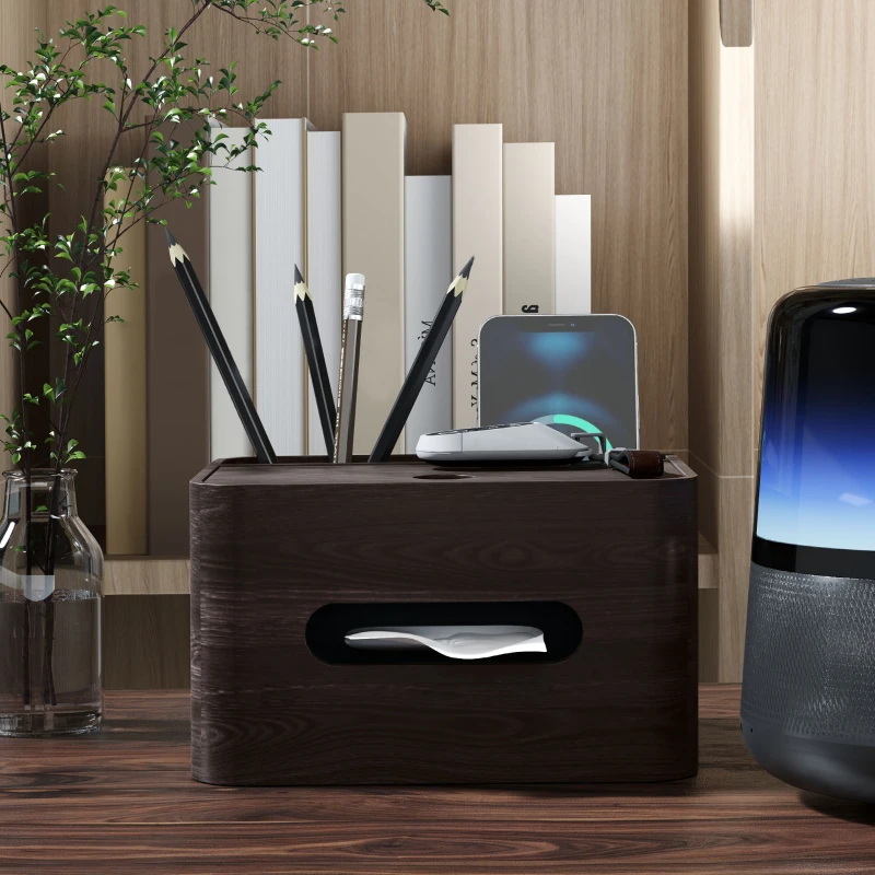 HOMCOM Organiseur de bureau rangement bureau multifonction avec 2 compartiments boîte à mouchoirs en bois marron