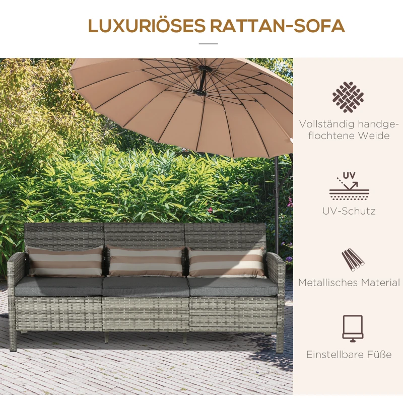 Outsunny Rattan Sofa mit Kissen, Dreisitzer, Garten Loungesofa, Stahl, Grau, 173 x 68 x 78 cm