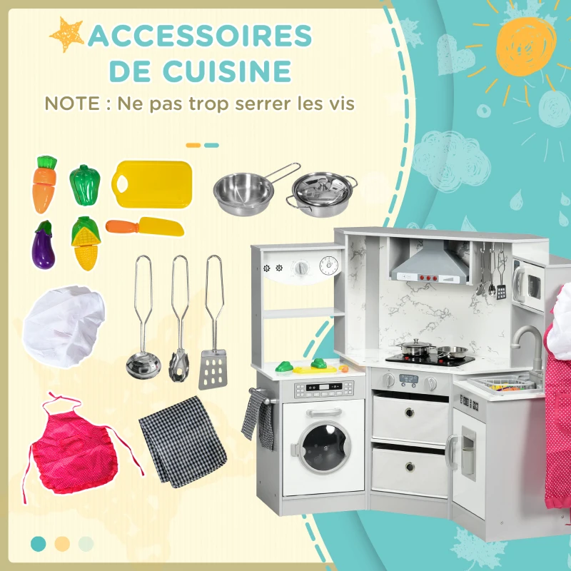 AIYAPLAY Cuisine enfant en bois avec 17 accessoires légumes en plastique boutons et lumières toque 3-6 ans gris blanc