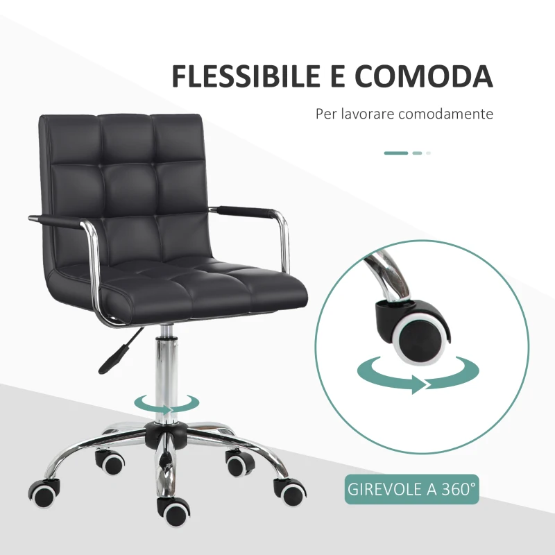 HOMCOM Sedia da Ufficio Ergonomica in pelle PU Nero, Sedia da Studio con 5 Ruote Girevoli, Imbottitura e Altezza Regolabile, 52.5x54x84-99cm