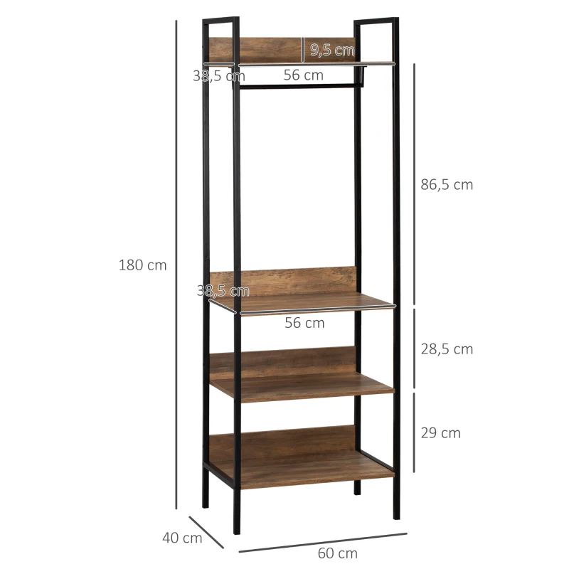 HOMCOM Garderobe im Industriedesign 1 Hutablage 3 Regale 1 Kleiderstange 60 cm x 40 cm x 180 cm Braun + Schwarz