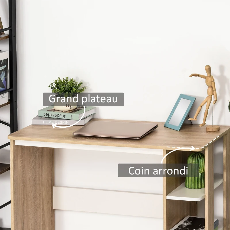 HOMCOM Bureau Informatique Table d'ordinateur dim. 100L x 44l x 74H cm 3 étagères latérales en Bois Couleur chêne Clair Blanc