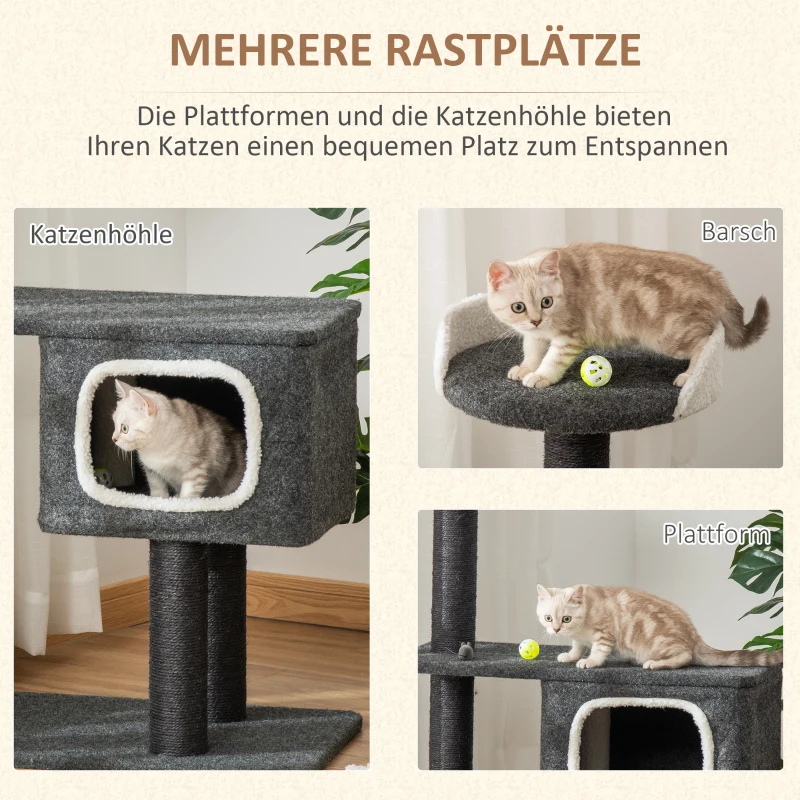 PawHut Kratzbaum aus Filz Katzenbaum für Katzen Kletterbaum mit Katzenhöhle Sisalstämmen großer Plattform Spielbälle 112 cm Höhe stabil Schwarz 70 x 41 x 112 cm
