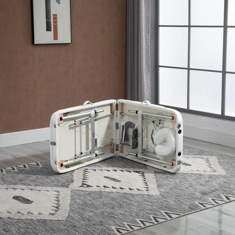 HOMCOM Foldable Massage Bed Portable Table, 3-Section Aluminium Foldable Beauty Couch, Professional Salon Spa Table with Headrest Support and Carry Bag, 81 cm Width, White