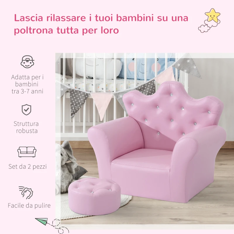 HOMCOM Set Poltrona per Bambini con Poggiapiedi e Bottoni Brillanti, Struttura in Legno con Imbottitura, Rivestimento PVC Rosa