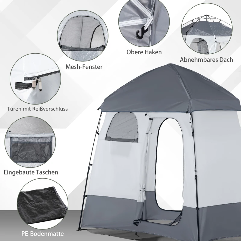 Outsunny Duschzelt für 2 Personen Toilettenzelt mit Transporttasche 3 Türen 2 Fenster Camping Umkleidezelt Umkleidekabine Lagerzelt Hellgrau+Grau