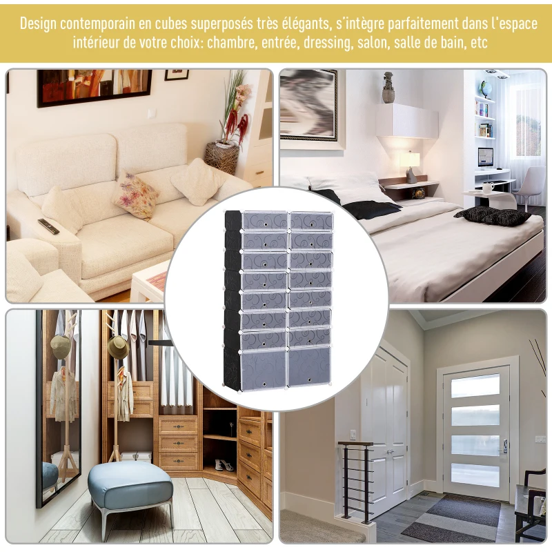 HOMCOM Armoire à Chaussures Modulable Range Chaussures L 95 x l 37 x H 160 cm 14 Cubes rectangulaires et 2 Grands Cubes Noir et Blanc en plastique