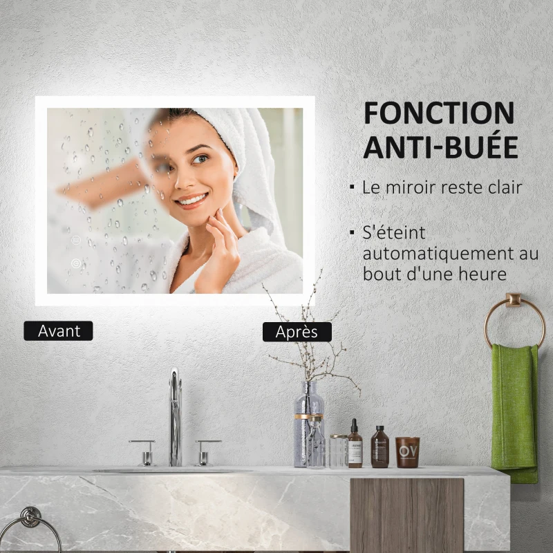 kleankin Miroir mural lumineux LED de salle de bain 80 x 60 cm 3 couleurs luminosité réglable interrupteur tactile transparent