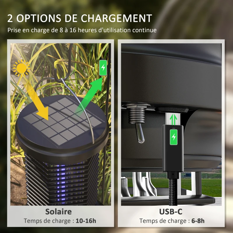 Outsunny Lampe anti insectes, lanterne de jardin suspendue, solaire et rechargeable par USB-C - efficace pièce de 50m² noir