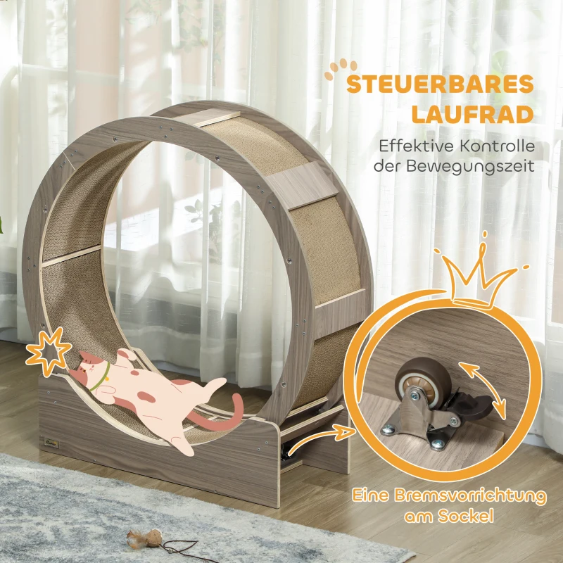 PawHut Katzenlaufrad, Laufrad für Katzen, 91 cm, mit Bremse, Kratzmatte, Katzenrad für gesunde Bewegung, Walnuss(m-6)