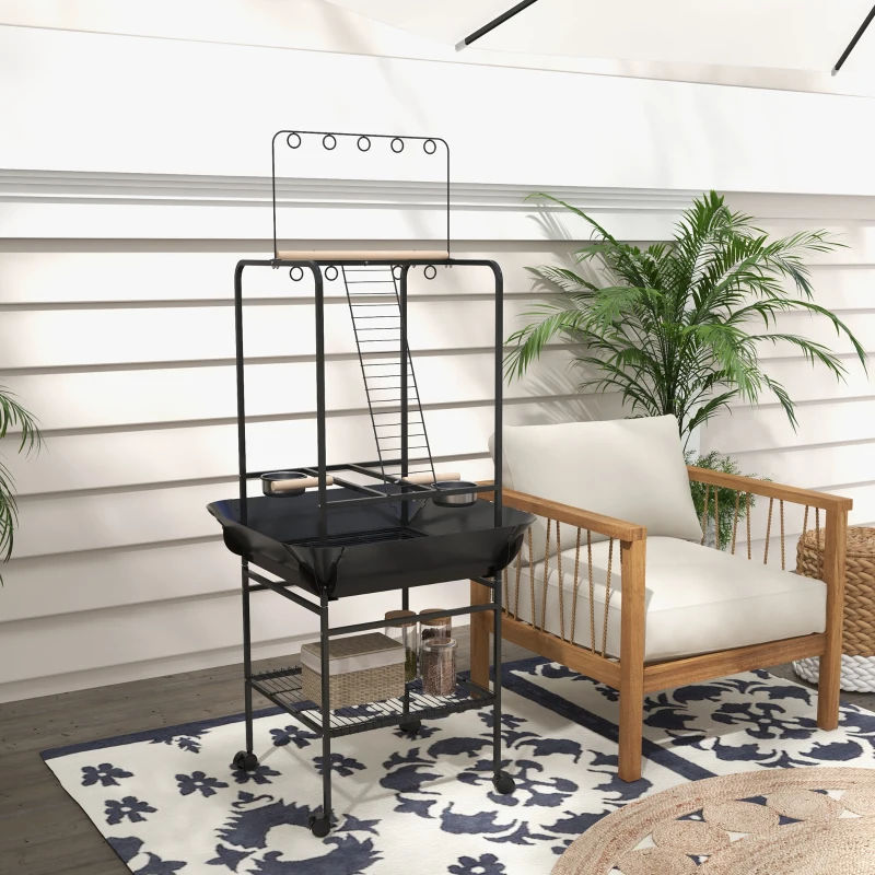 PawHut Aire de jeu sur roulettes pour oiseaux 3 perchoirs en bois 1 échelle 2 mangeoires en inox 155 cm gris foncé