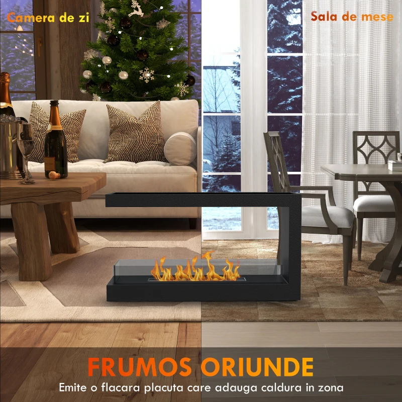 HOMCOM Semineu cu Bioetanol cu 3 Laturi cu Arzator de 2.4L si Durata 4 Ore, Biosemineu cu Panou din Sticla si  Capac 30㎡, 100x30x55cm, Negru