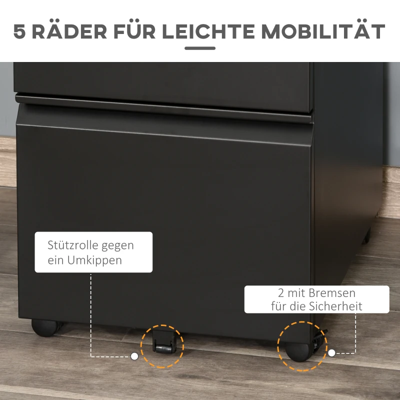 Vinsetto Rollcontainer, 3 Schubladen, 5 Räder, Hängeregister, abschließbar, Stahl, schwarz 39 x 48 x 60 cm