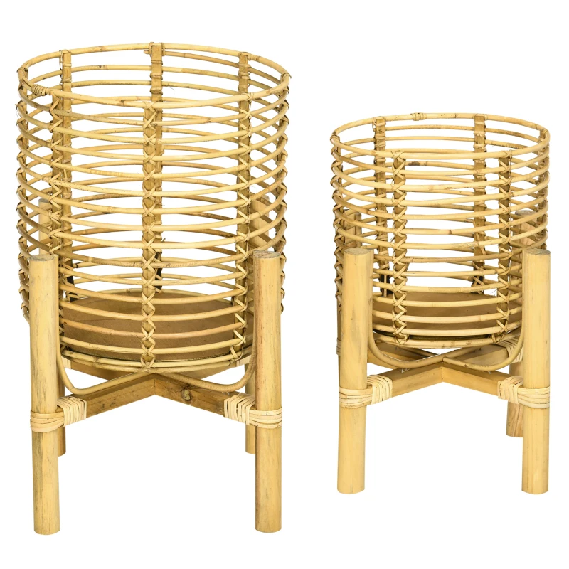 Outsunny 2er-Set Pflanzenständer, groß und klein, Körbe aus Rattan, Ständer aus Naturholz