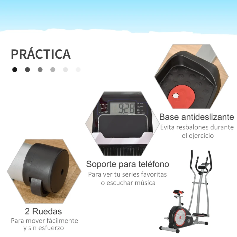 HOMCOM Bicicleta Elíptica de Fitness con Volante de Inercia 6kg Resistencia Magnética Ajustable Sillín Regulable Pantalla LCD Pulsómetro 130x68x162 cm Negro y Plata