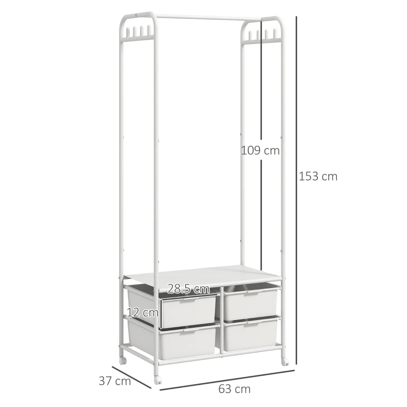 HOMCOM Stand Appendiabiti con Scarpiera a 4 Cesti e 8 Ganci, in Acciaio e Plastica, 63x37x153 cm, Bianco