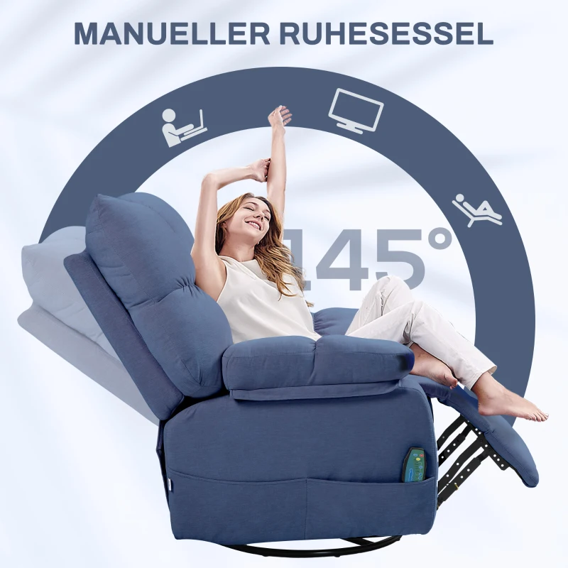 HOMCOM Massagesessel mit Wärme- & Liegefunktion, drehbar, bis 150 kg, Metallgestell, 98x90x98cm, Blau(m-5)