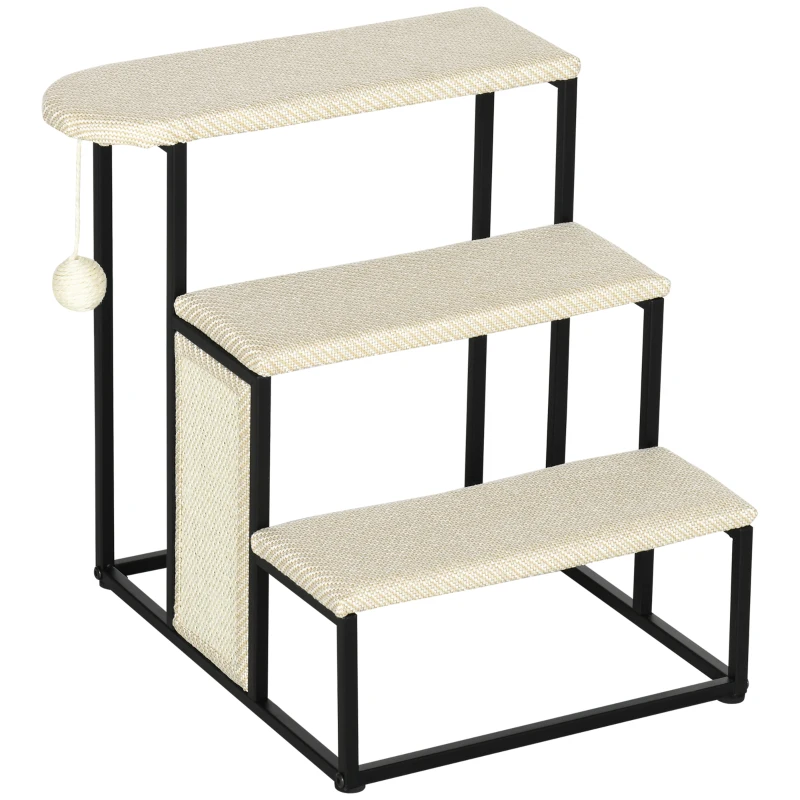 PawHut Escalera para Mascotas con 3 Escalones Bola Colgante Tablero de Rascar y Marco de Acero 47x45x47 cm Crema y Negro