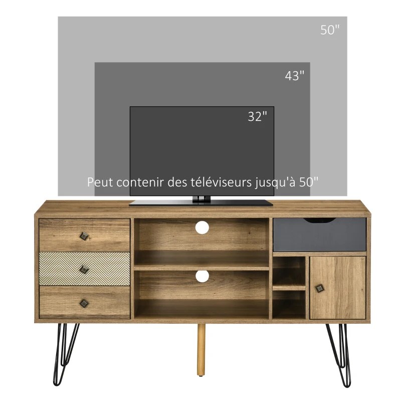 HOMCOM Meuble TV jusqu'à 50 pouces avec 4 compartiments 4 tiroirs 2 passe-câbles et 1 placard pieds épingles métal noir