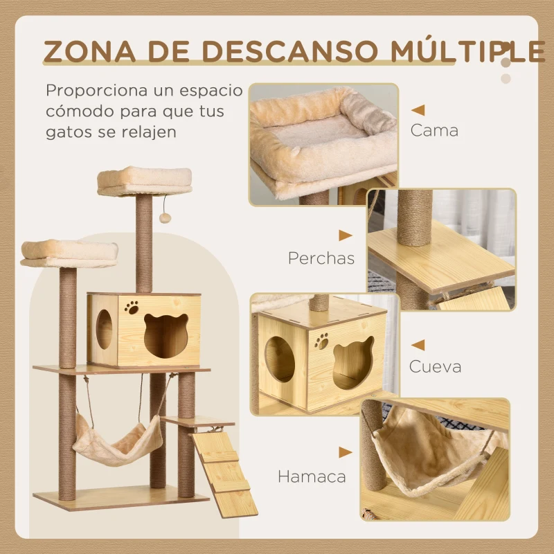 PawHut Árbol Rascador para Gatos Altura 130 cm Torre para Gatos con Postes Rascadores de Yute Camas Hamaca 60x40x130 cm Natural