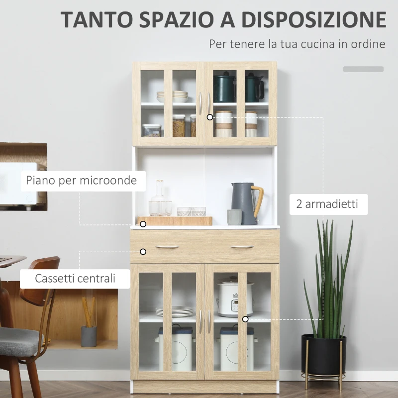 HOMCOM Credenza Cucina Alta con Armadiett e Ante in Vetro, Credenza con Struttura in Legno, Cassetti e Armadietti, Bianco|Aosom Italy