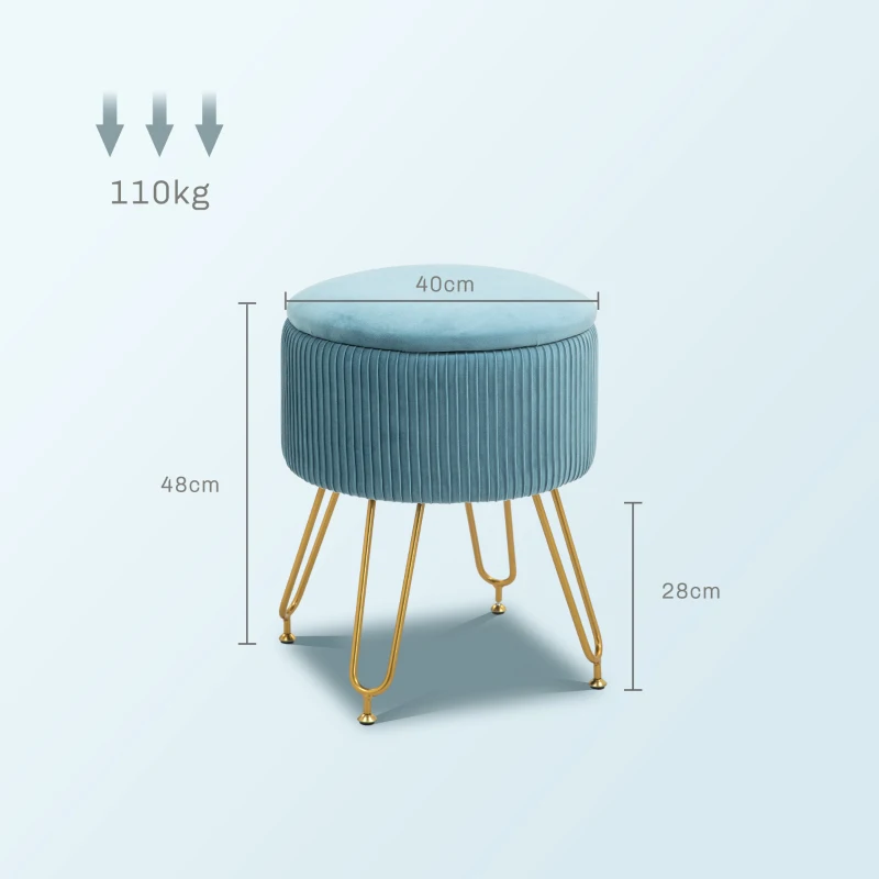 HOMCOM Puff Almacenaje Tapizado en Terciopelo Banco de Almacenaje con Patas de Acero Ø40x48 cm Azul Claro