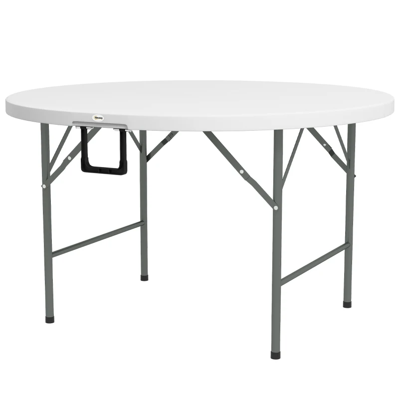 Outsunny Folding Garden Table, Φ122 cm Round HDPE Outdoor Picnic Table for 6, Metal Frame for Patio, Park, White