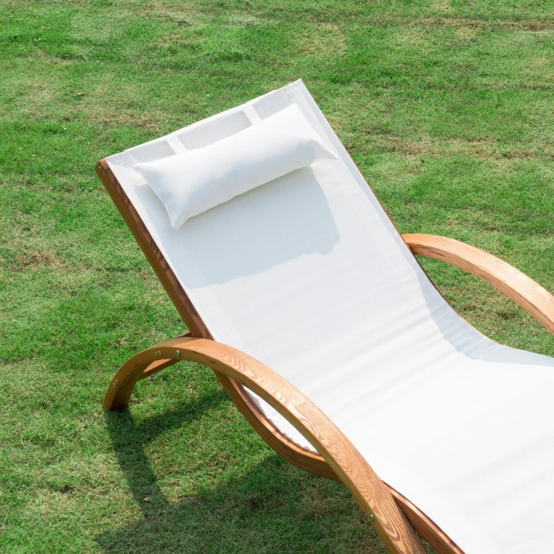 Outsunny Transat Chaise Longue Design Style Tropical Bois Massif Naturel Coloris Beige Blanc